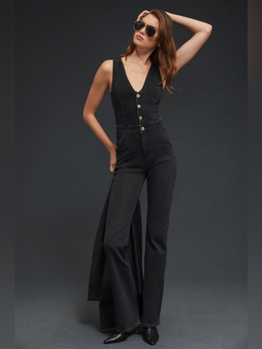 Pilcro Black V-Neck Button-Front Wide-Leg Jumpsuit